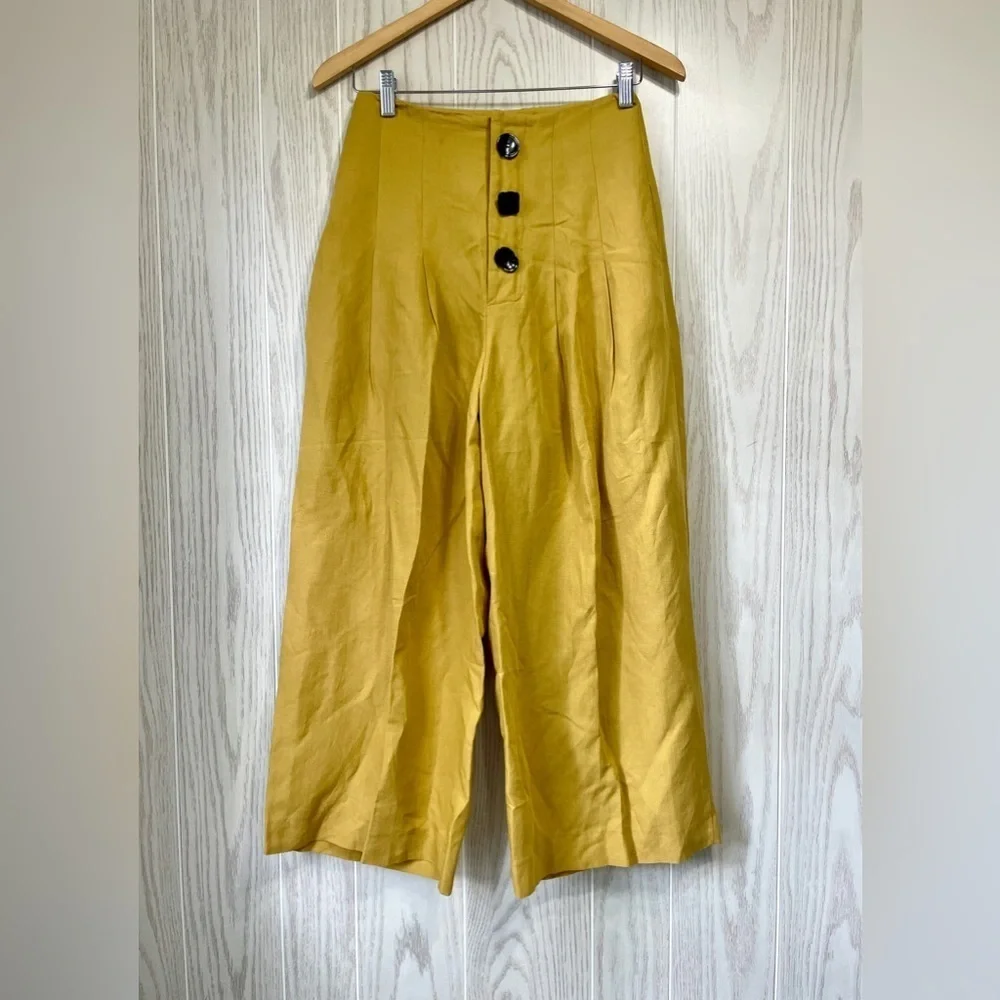 Zara Wide Leg Mustard Yellow Pants Size XS Linen Blend EUC